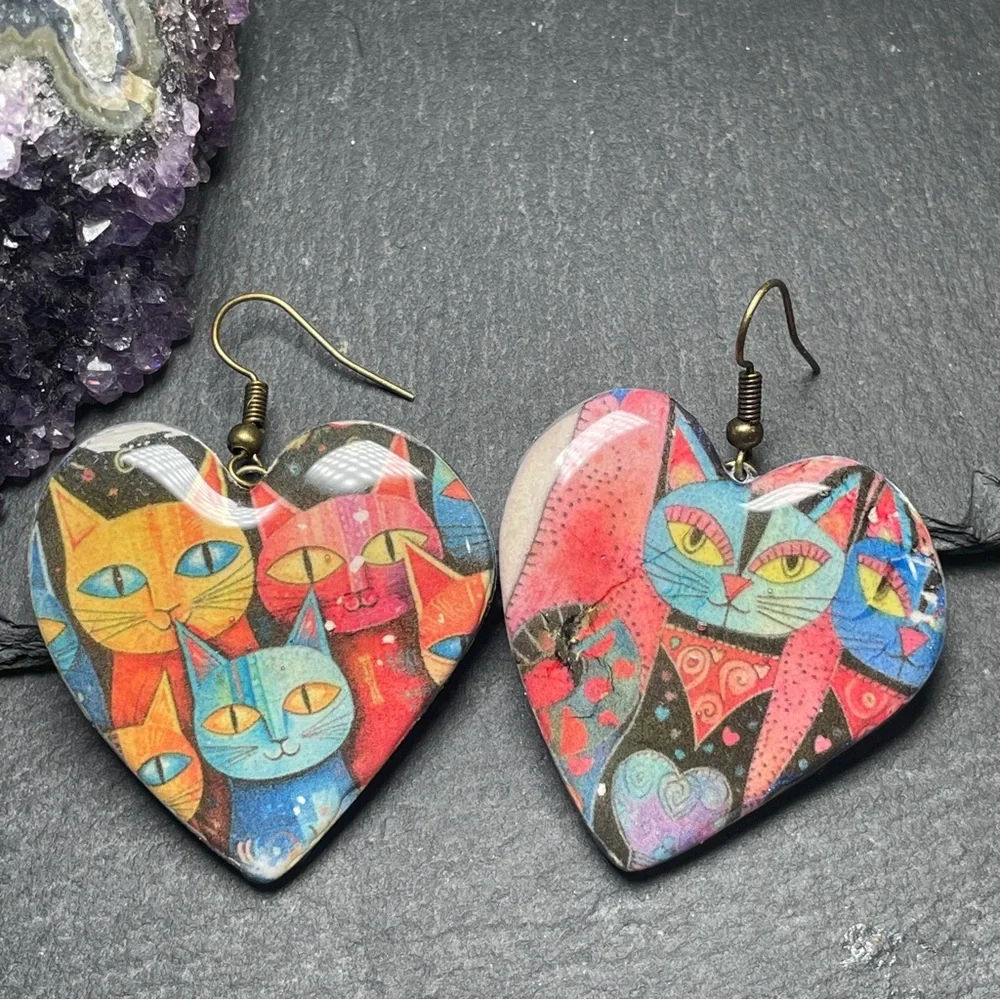Laurel Burch Inspired Colorful Cat Heart Handmade Clay Earrings
